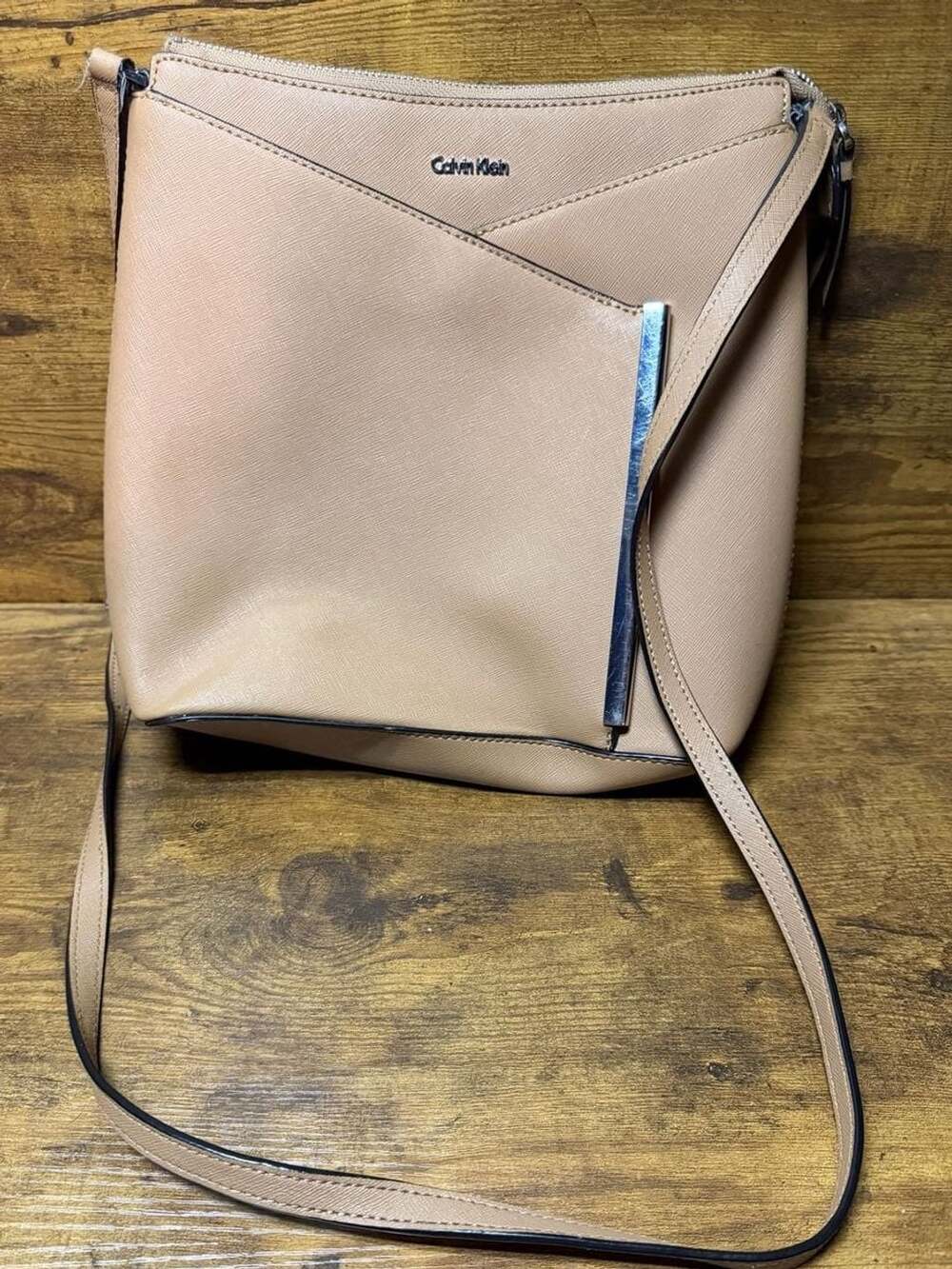 Calvin Klein Saffiano Leather Crossbody Bag with Metal Bar Accent